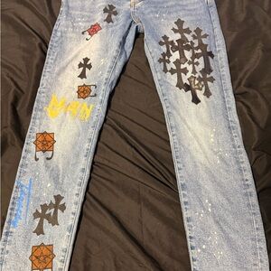 Chrome Hearts Blue Straight Jeans with Black Cross & Yellow Graphic